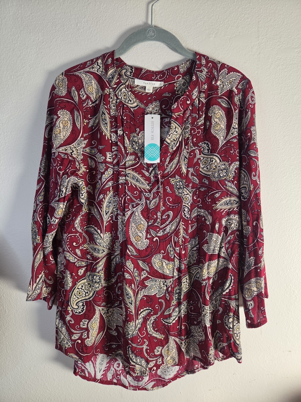 fun 2 fun Burgundy Paisley V-Neck Blouse
